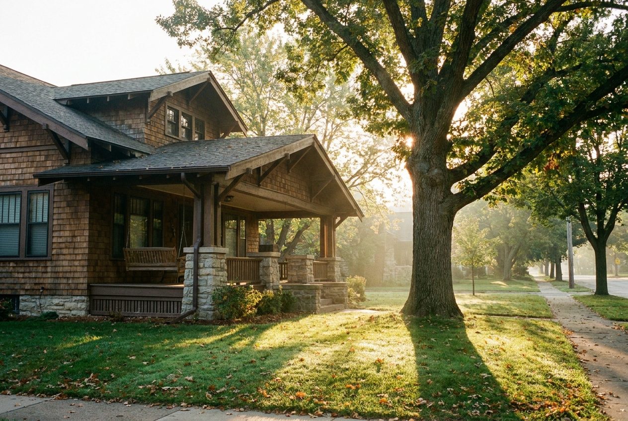 A classic family home with a front porch in morning light