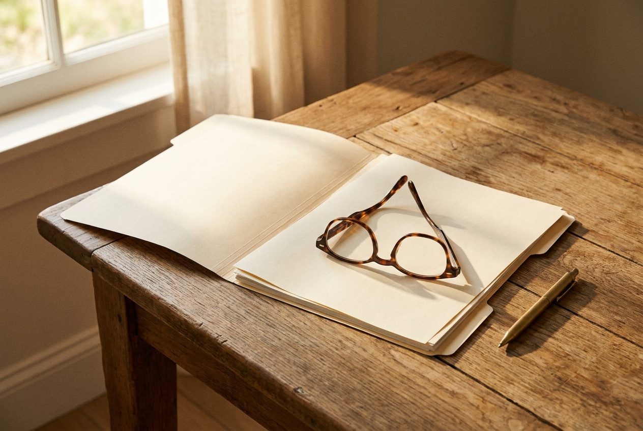 A manila folder of documents with reading glasses and a pen