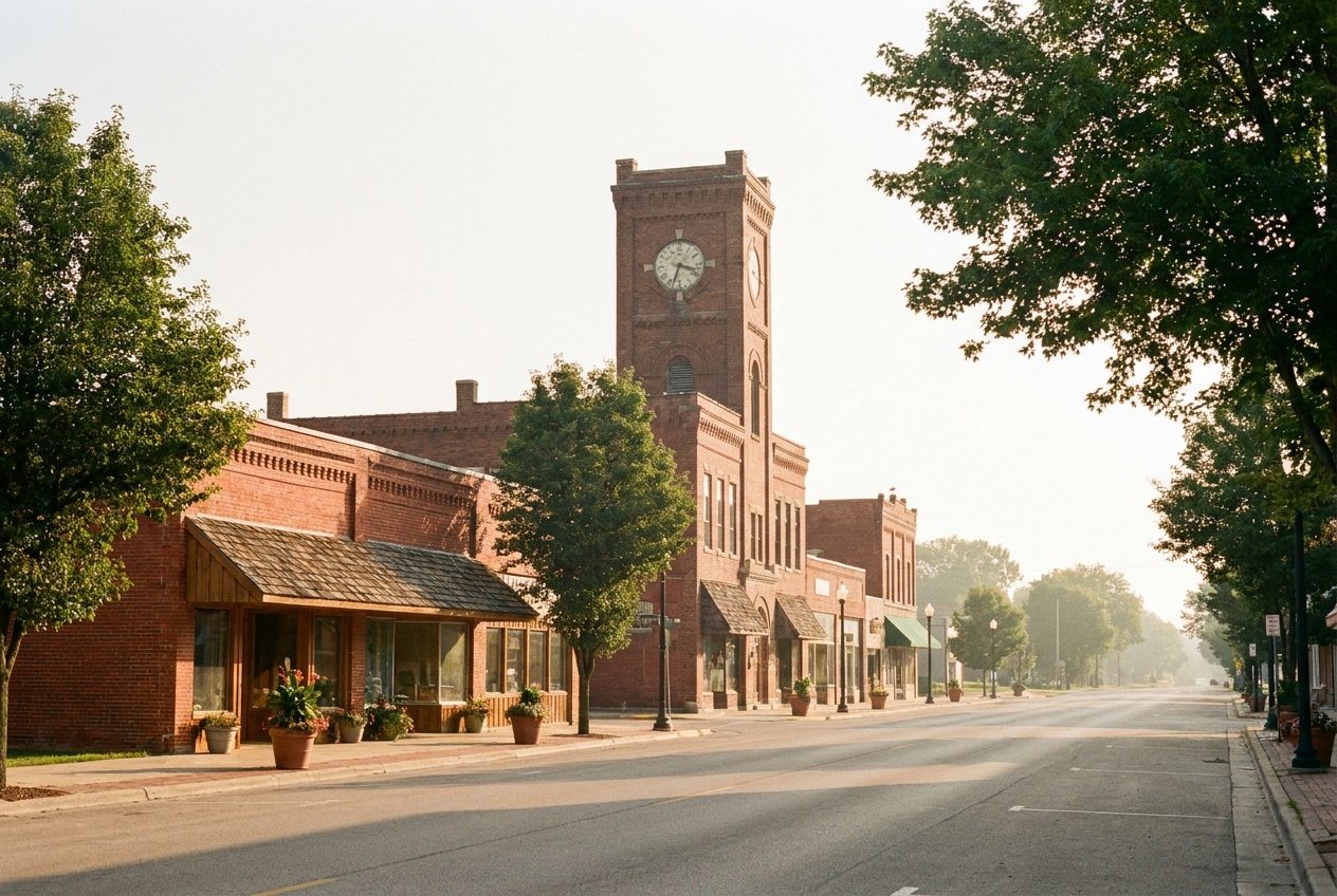 A small Wisconsin town main street with a historic clock tower