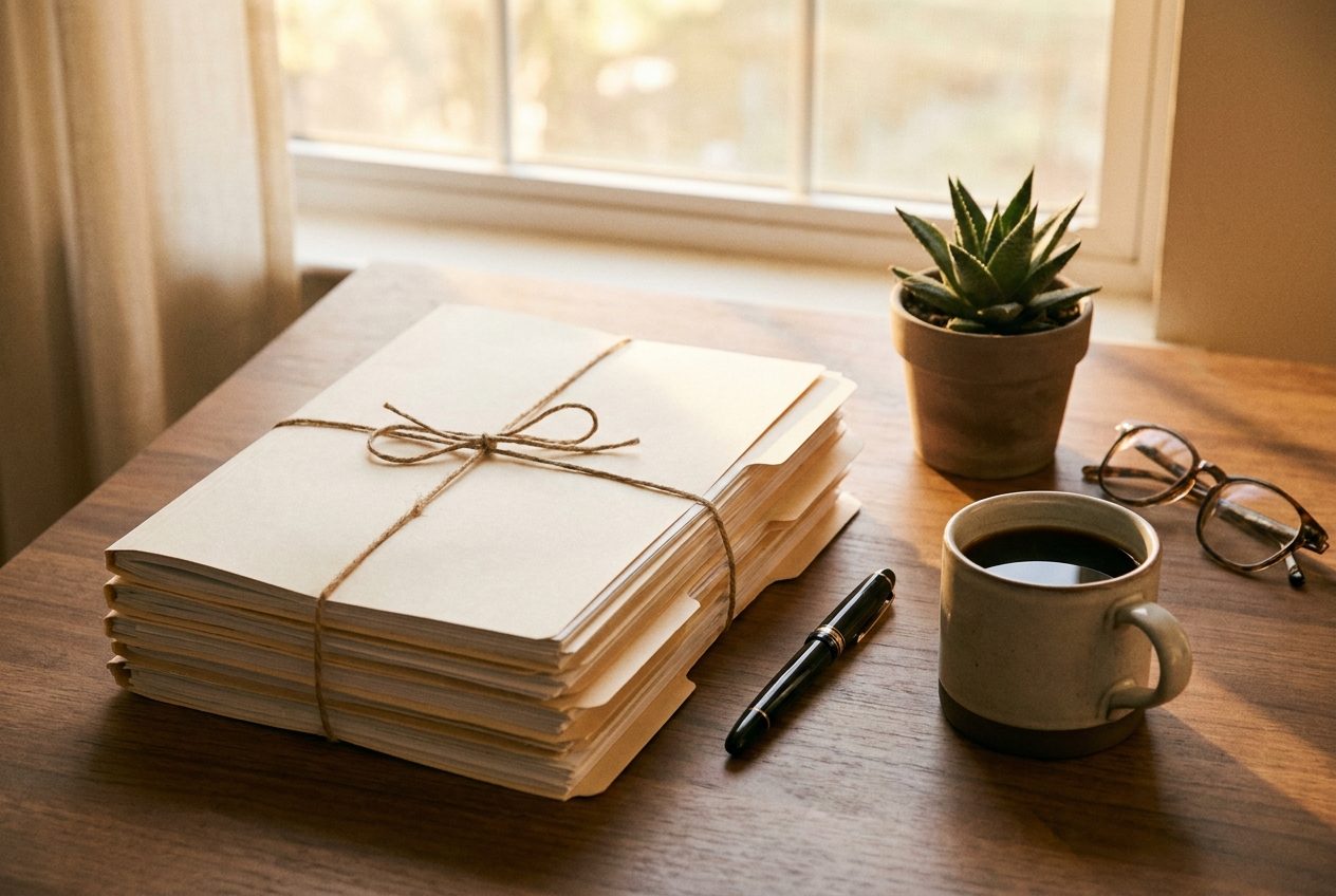 A stack of organized documents with a pen and coffee