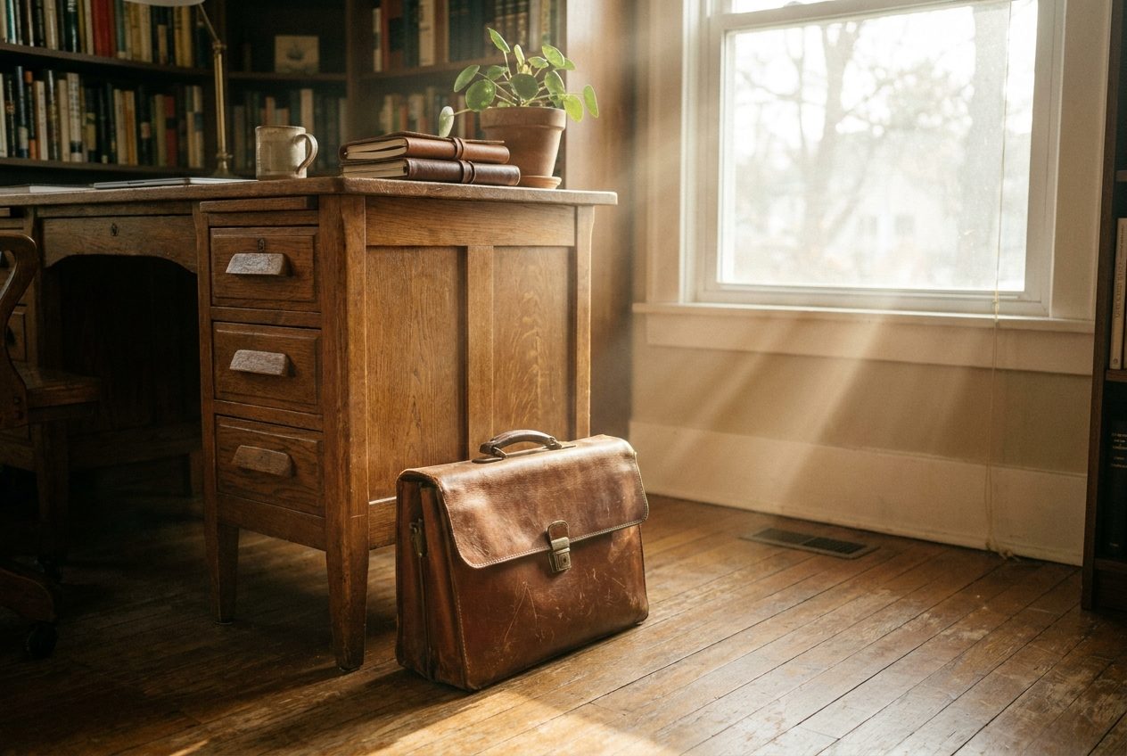 A leather briefcase beside a wooden desk in warm light