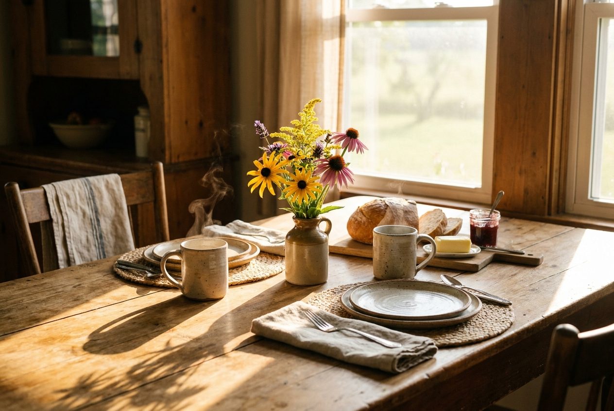 A Wisconsin farmhouse kitchen table set for two in morning sun