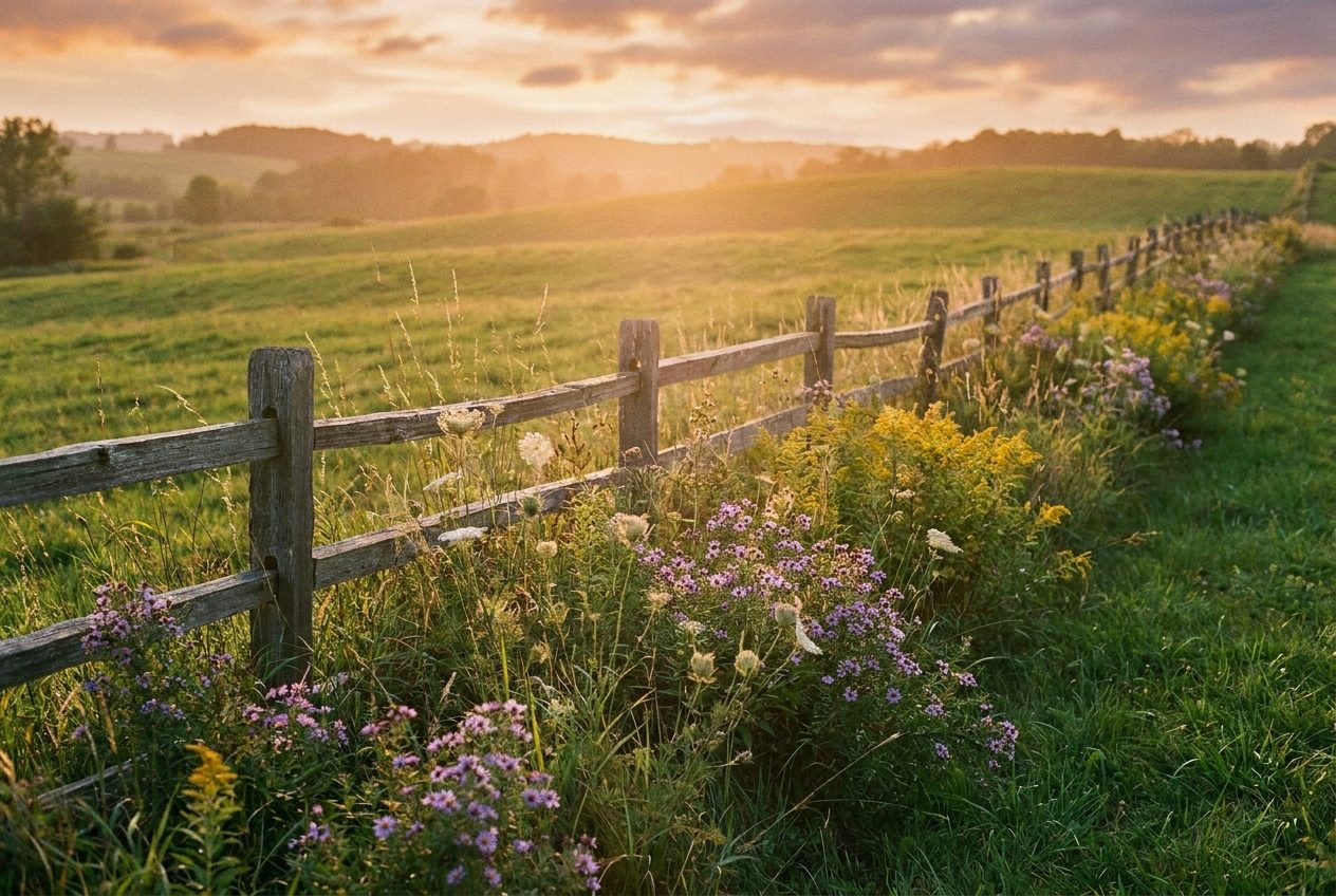 A split-rail fence along a Wisconsin pasture at golden hour
