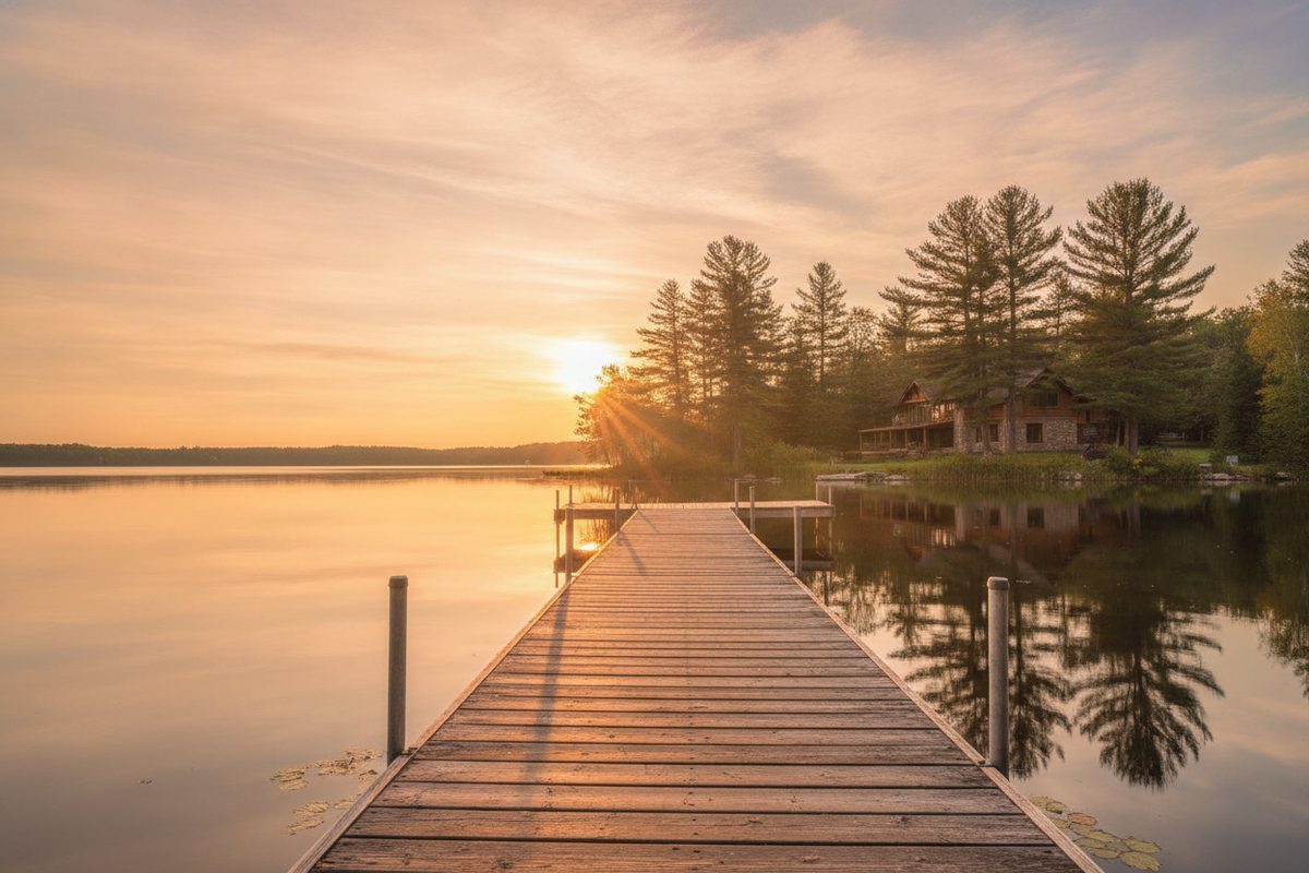 A dock on a Wisconsin lake at golden hour