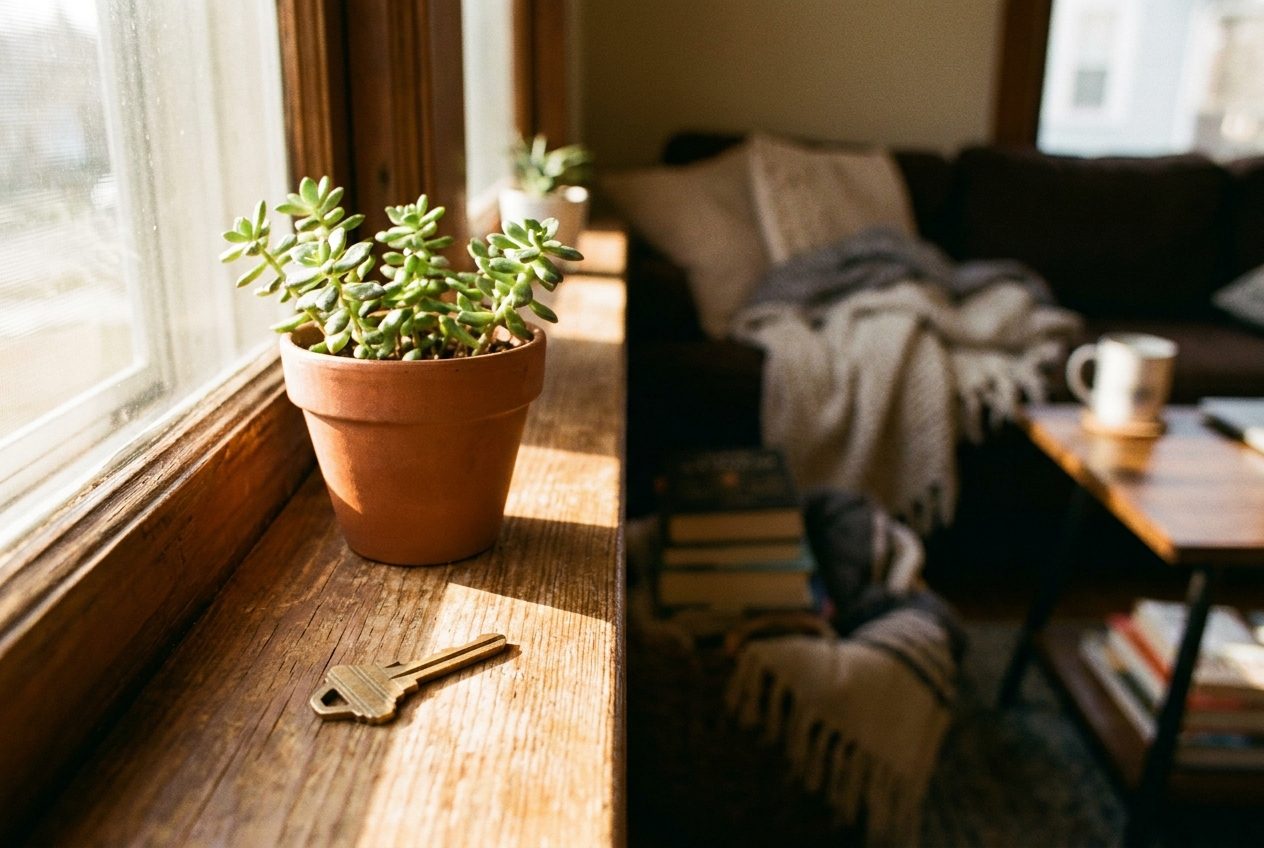 A brass house key and small potted plant on a sunlit windowsill