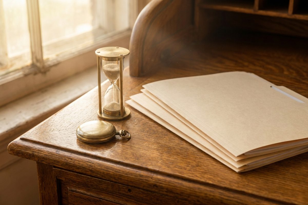 An antique pocket watch and hourglass resting on a stack of blank folders on an oak desk in warm light