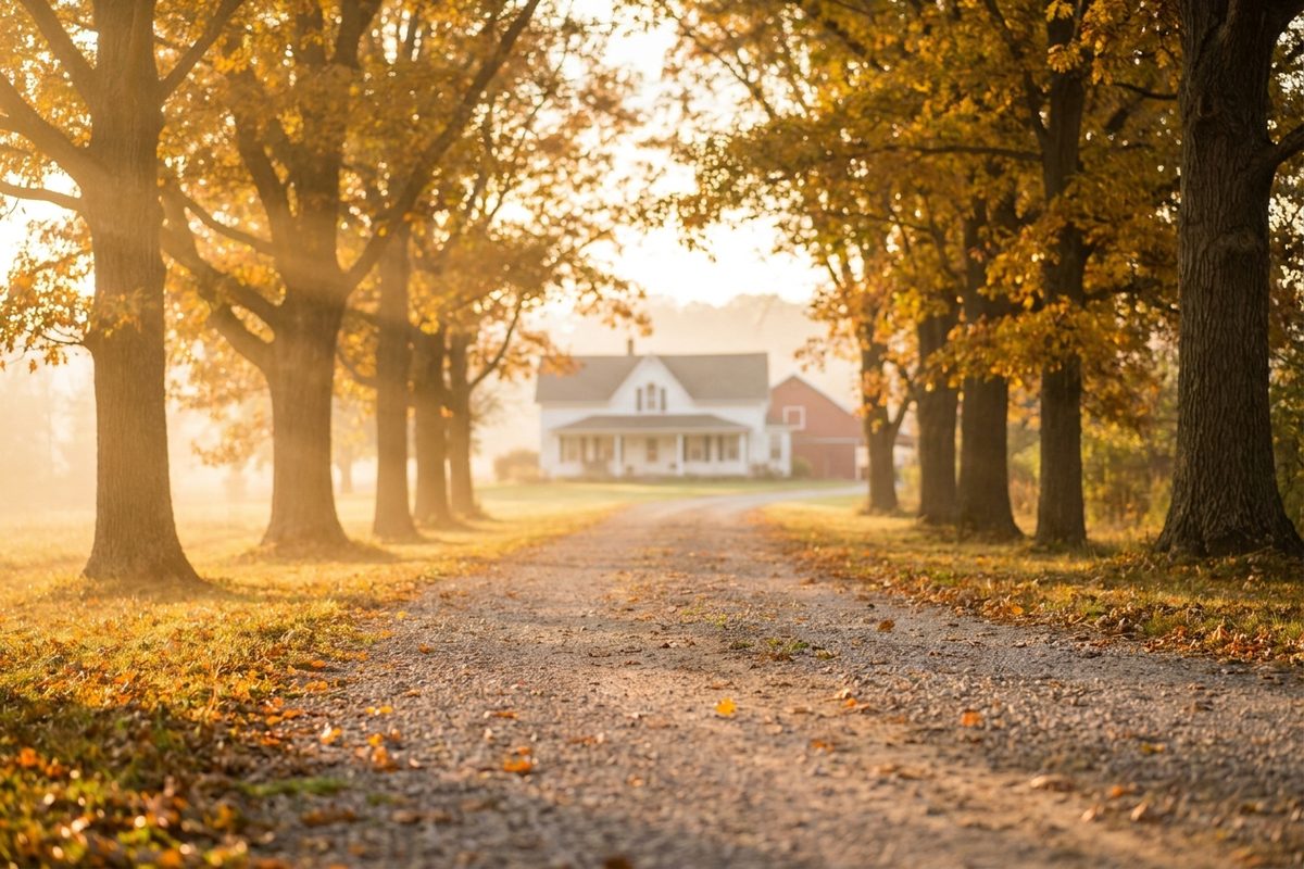 An autumn oak-lined driveway leading to a Wisconsin farmhouse at golden hour