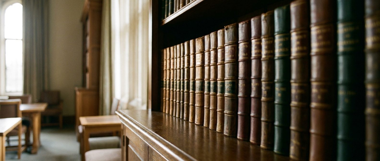 Leather-bound law books in a law library