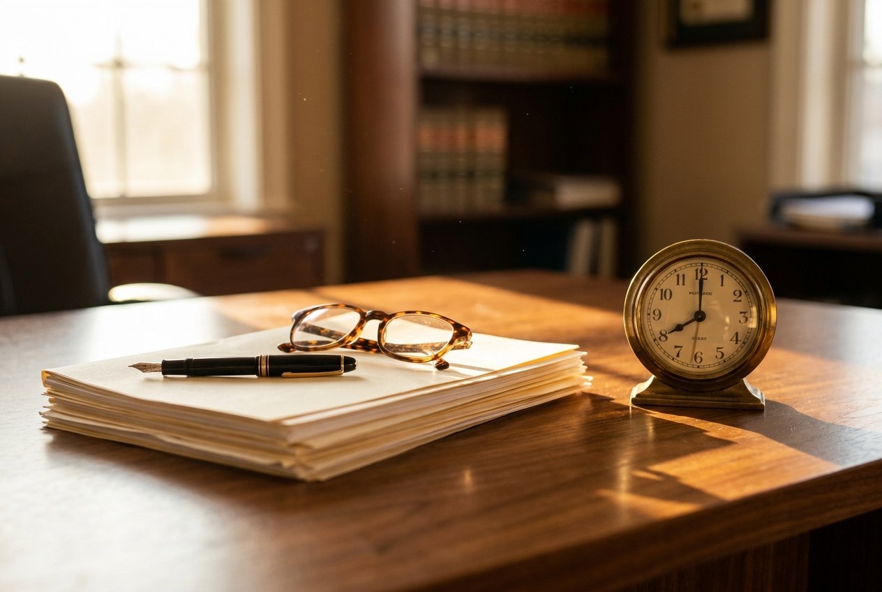 A fountain pen and reading glasses resting on annotated documents