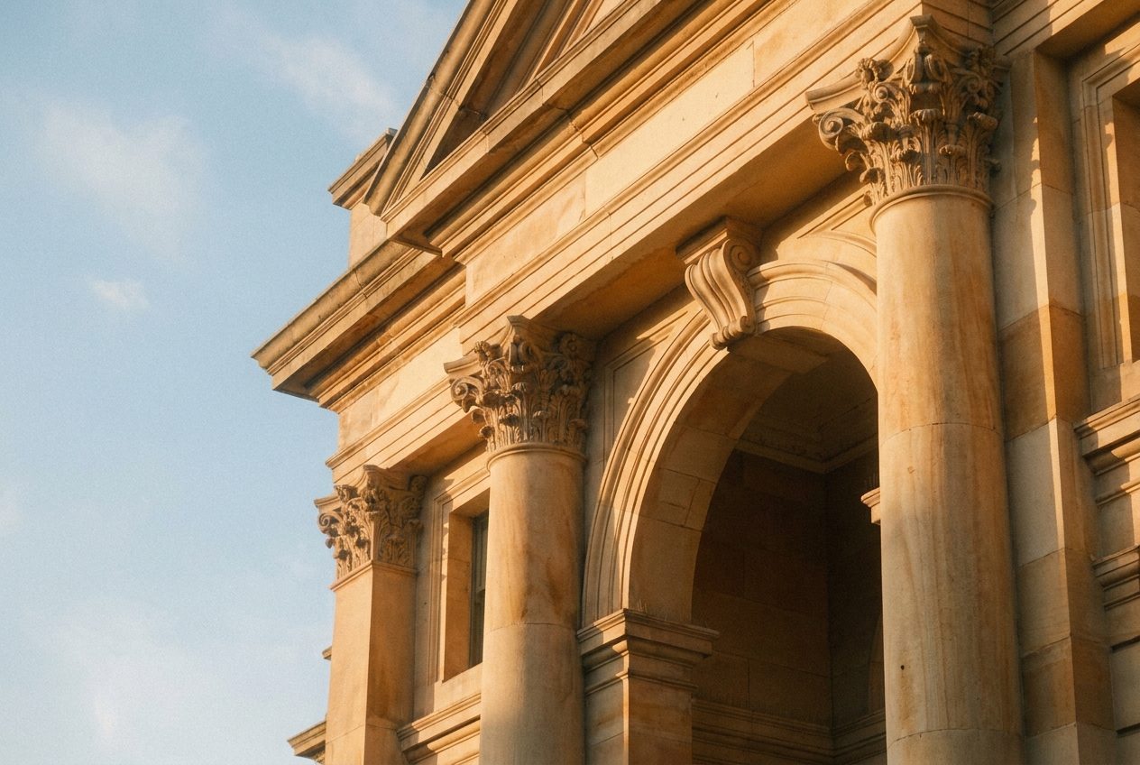 A stone courthouse column in dramatic light and shadow