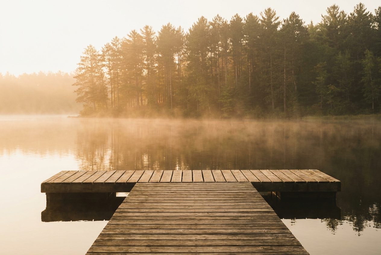 A wooden dock extending into a calm northern Wisconsin lake at dusk